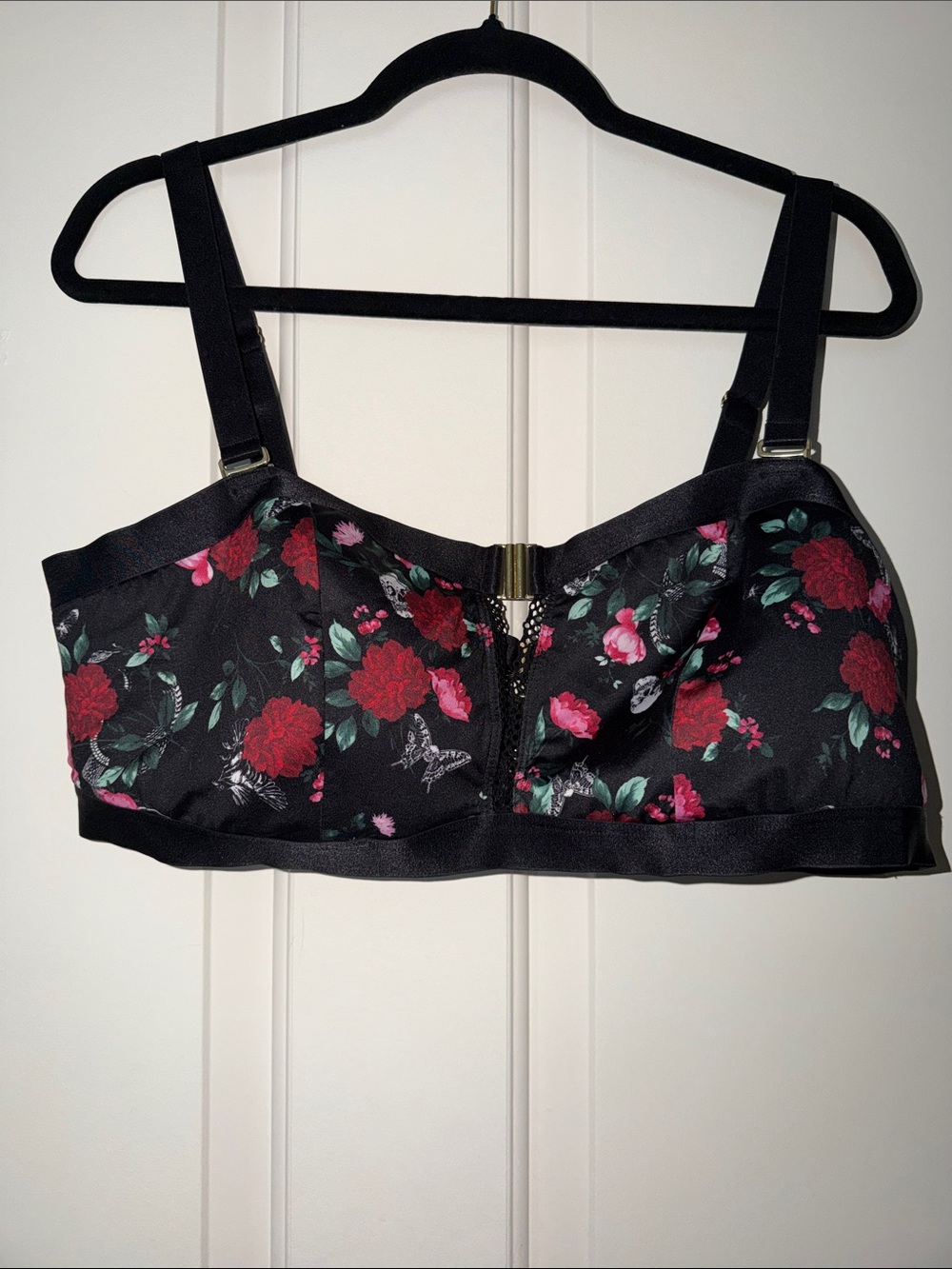 Black Floral Lace-Trim Bralette with Red Rose Print